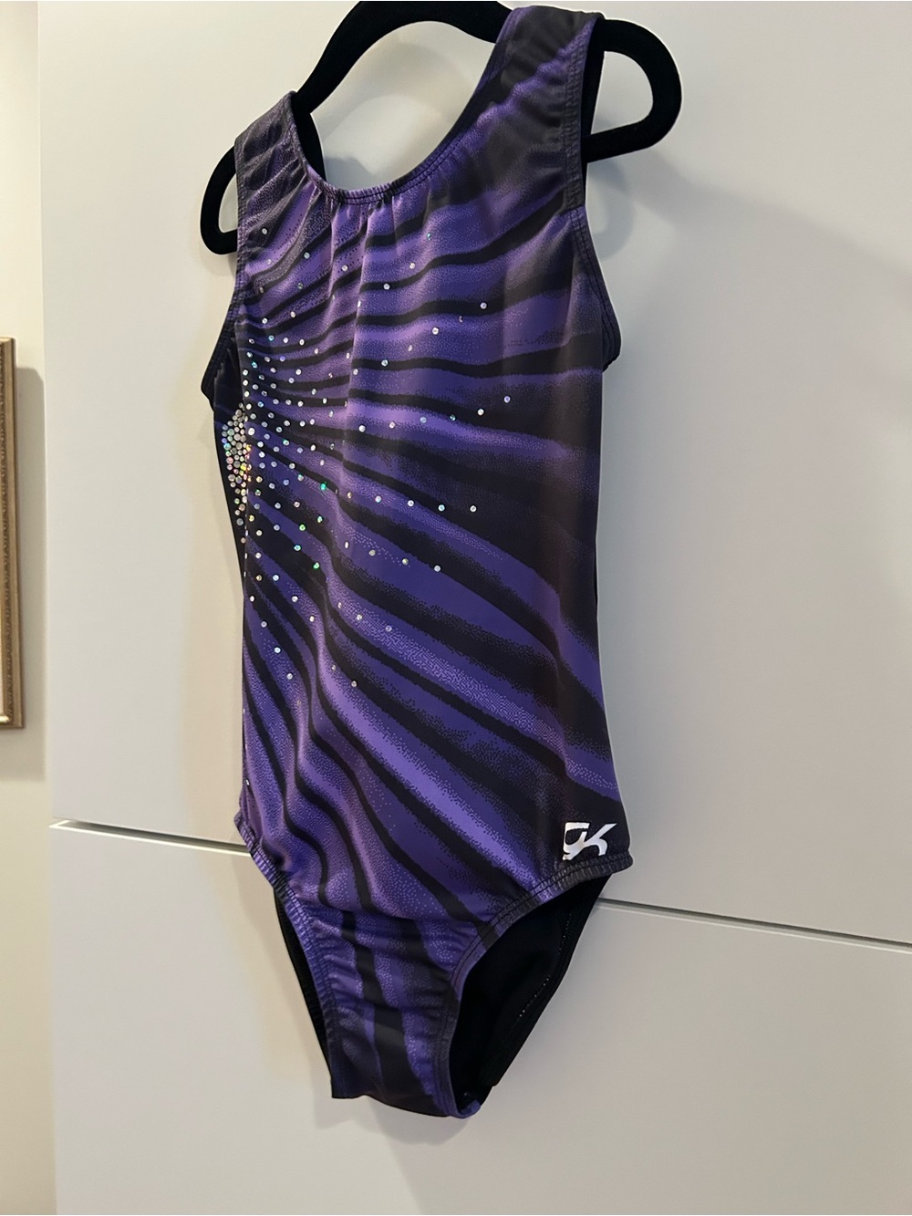 GK Purple and Black Gymnastics Leotard with Sequin Burst - AXS